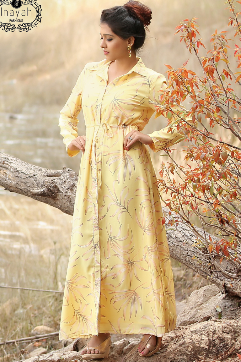 Sunlit Yellow Shirt-Style Maxi Dress with Subtle Leaf Print | Front Button Panel | Adjustable Waist Tie