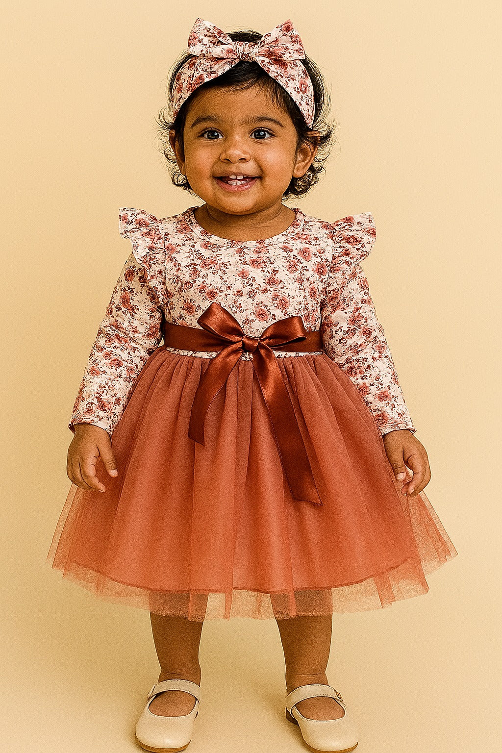 Rust Floral Tulle Party Dress for Baby Girls – Long Sleeve Frock with Ruffle Shoulders, Satin Bow Dress