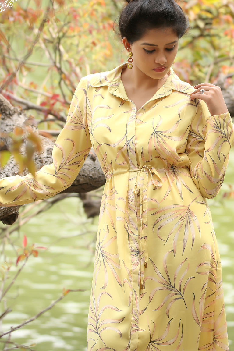 Sunlit Yellow Shirt-Style Maxi Dress with Subtle Leaf Print | Front Button Panel | Adjustable Waist Tie
