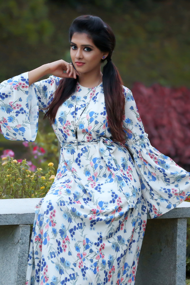 Elegant White Maxi Dress with Blue & Pink Floral Print, Waist Tie Belt and Flared Bell Sleeve