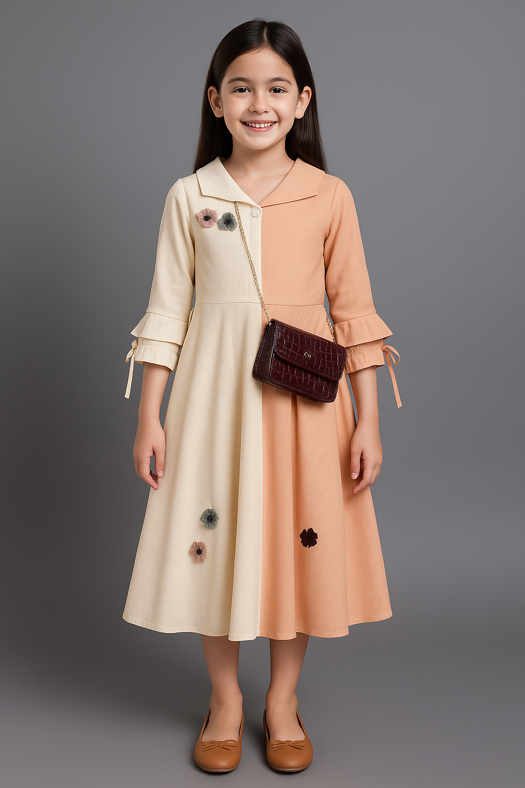 Elegant Cream & Peach Panelled Dress for Girls with Maroon Handbag & Chain