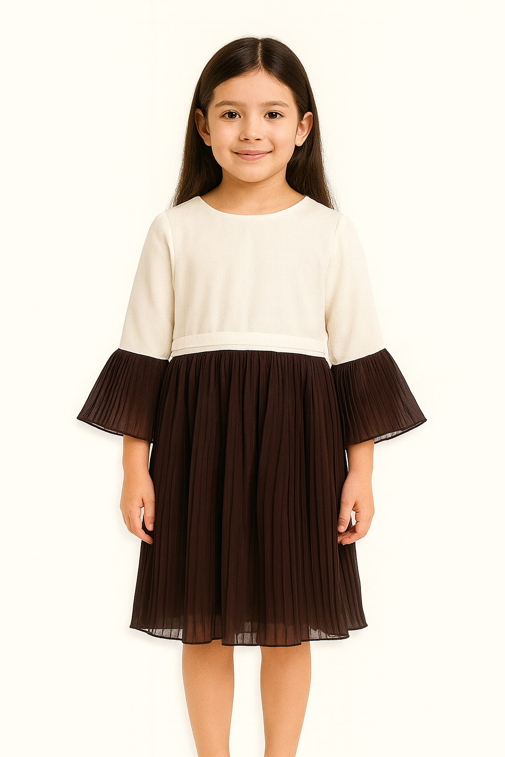 Girls Elegant Pleated Party Dress – Cream & Darkbrown