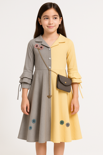 Stylish Grey & Yellow Panelled Frock for Girls with Handbag & Butterfly Chain