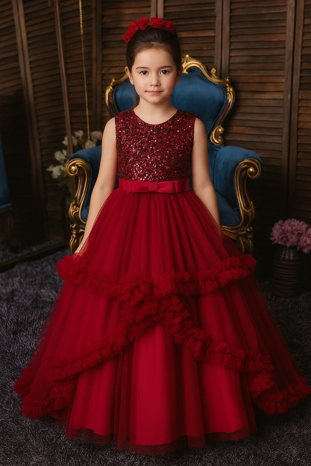Red Sequin Party Gown for Girls with Layered Ruffle Tulle and Bow Waist
