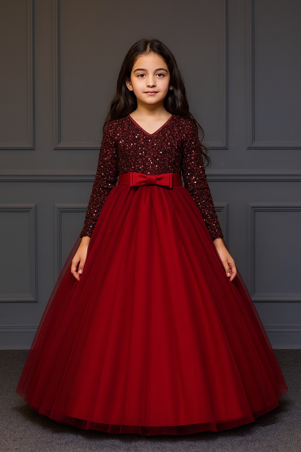 Elegant Merroon Full Sleeve Sequenced Full Length Dress