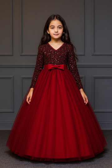 Elegant Merroon Full Sleeve Sequenced Full Length Dress