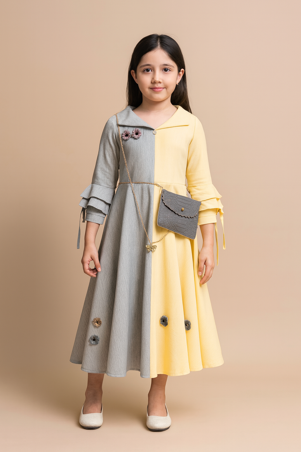 Chic Brown & Mustard Panelled Girls Dress with Grey Handbag