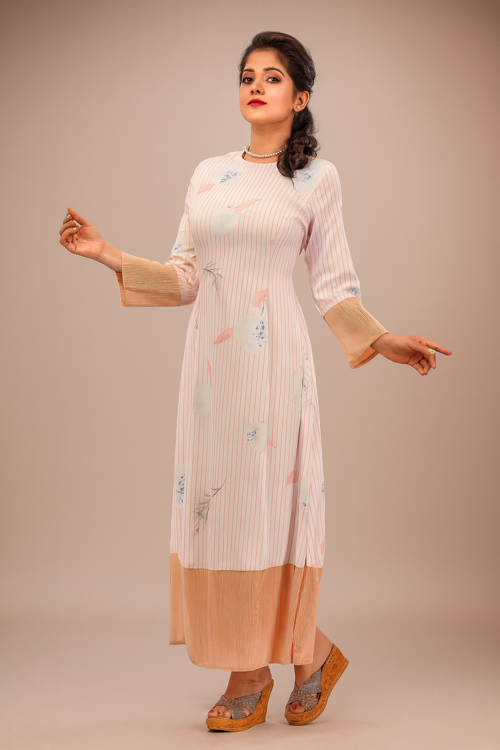 Elegant Peach Bloom Full-Length A-Line Dress with Blush Stripes, Abstract Floral Print & Contrast Hem for Casual and Festive Wear