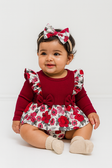 Blooming Red Floral Baby Romper with Headband