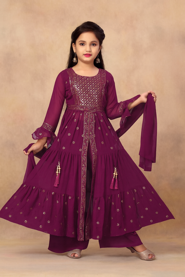 Premium Maroon Mirror-Work Anarkali Set for Girls