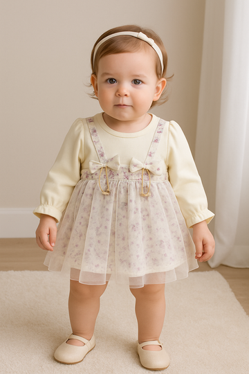 Cream Floral Tulle Layered Dress with Bow Detailing