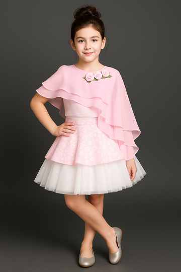Pink Floral Cape Crop Top & Layered White Skirt Party Dress