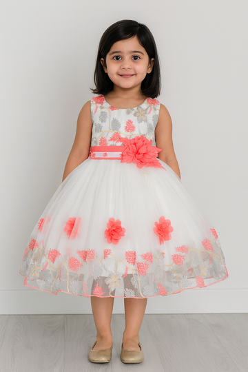 Elegant Floral Embroidery Party Dress – White & Coral