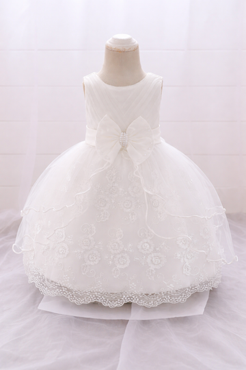 White Floral Embroidered Baby Frock with Pearl Bow