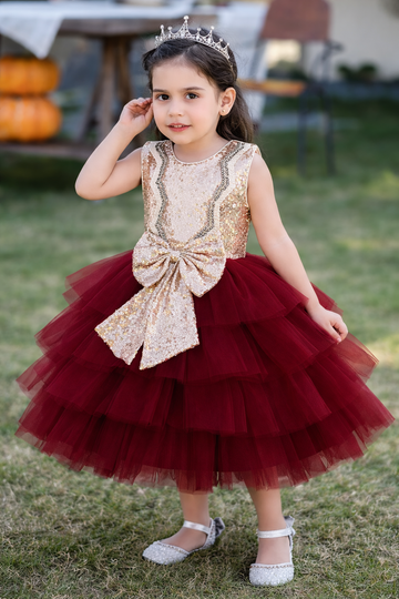 Wine Red & Gold Sequin Party Frock for Girls – Princess Birthday Dress