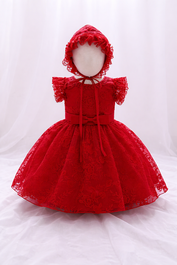 Trendy Bright Red Floral Embroidered Party Dress With Cap