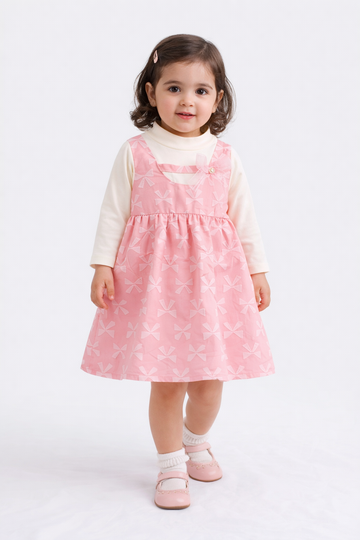 Pink Bow Print Pinafore Dress Set for Girls
