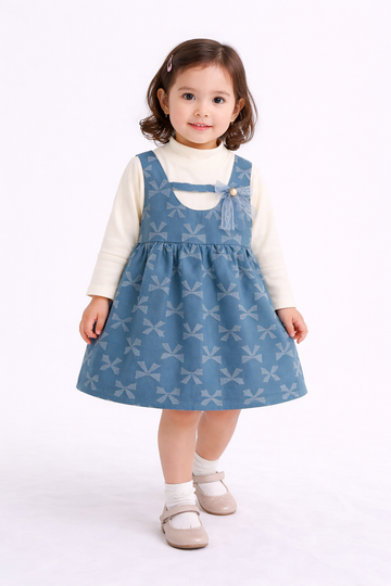 Blue Bow Print Pinafore Dress Set for Girls