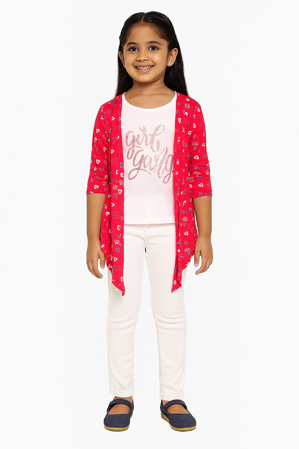 Girls Red Heart Print Shrug with “Girl Gang” Inner Top – Casual