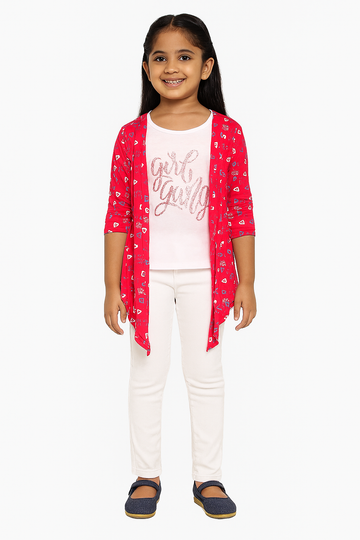 Girls Red Heart Print Shrug with “Girl Gang” Inner Top – Casual