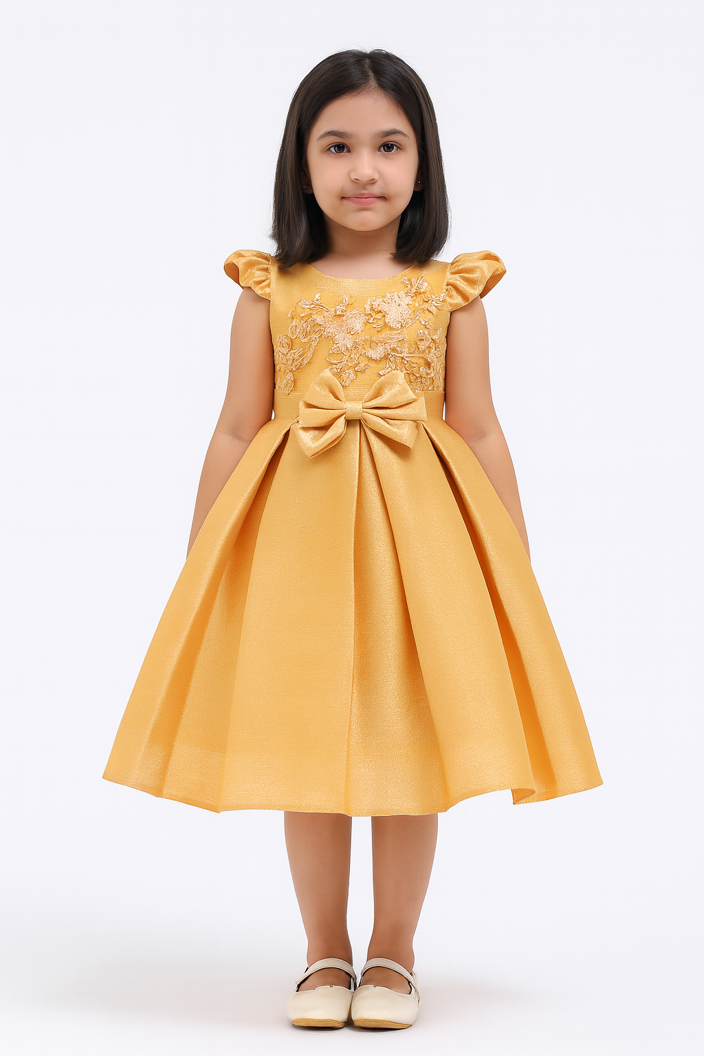 Golden Embroidered Party Frock with Bow for Girls