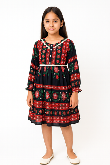 Girls Black & Red Floral Printed Long Sleeve Dress – Vintage Ethnic Style