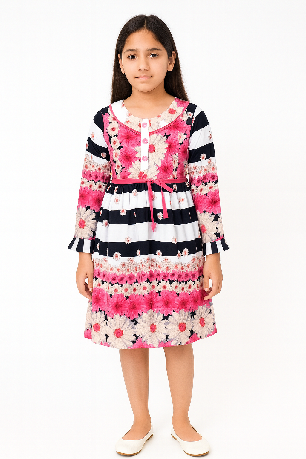 Girls Floral & Stripe Printed A-Line Dress – Full Sleeves with Pink Belt