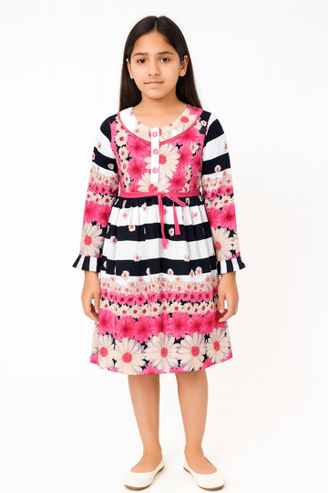 Girls Floral & Stripe Printed A-Line Dress – Full Sleeves with Pink Belt