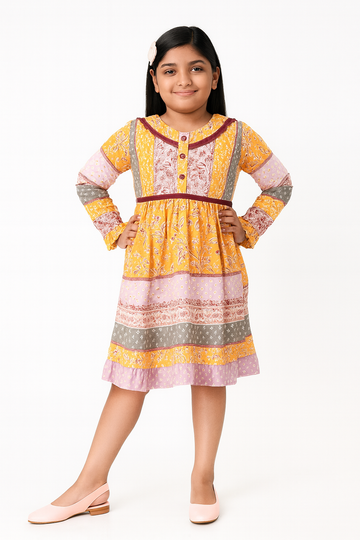 Girls Mustard & Lilac Patchwork Long Sleeve Dress – Vintage Boho Style