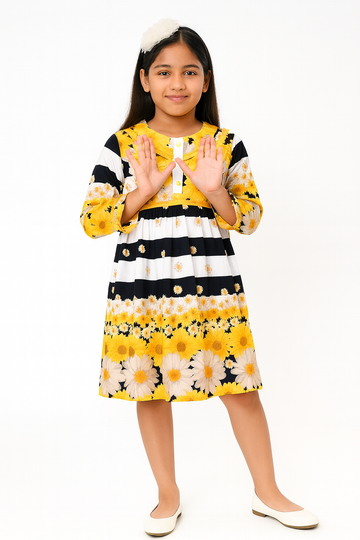 Girls Floral & Stripe Printed A-Line Dress – Full Sleeves