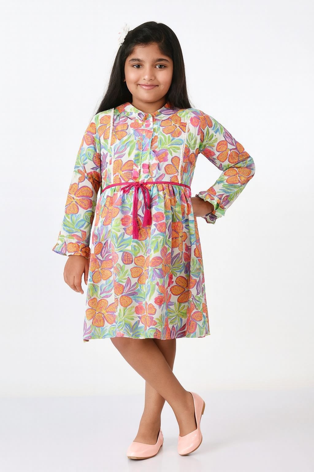 Girls Multicolor Tropical Floral Printed Long Sleeve Dress – Belted Fit & Flare Style