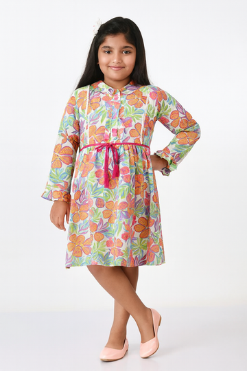 Girls Multicolor Tropical Floral Printed Long Sleeve Dress – Belted Fit & Flare Style