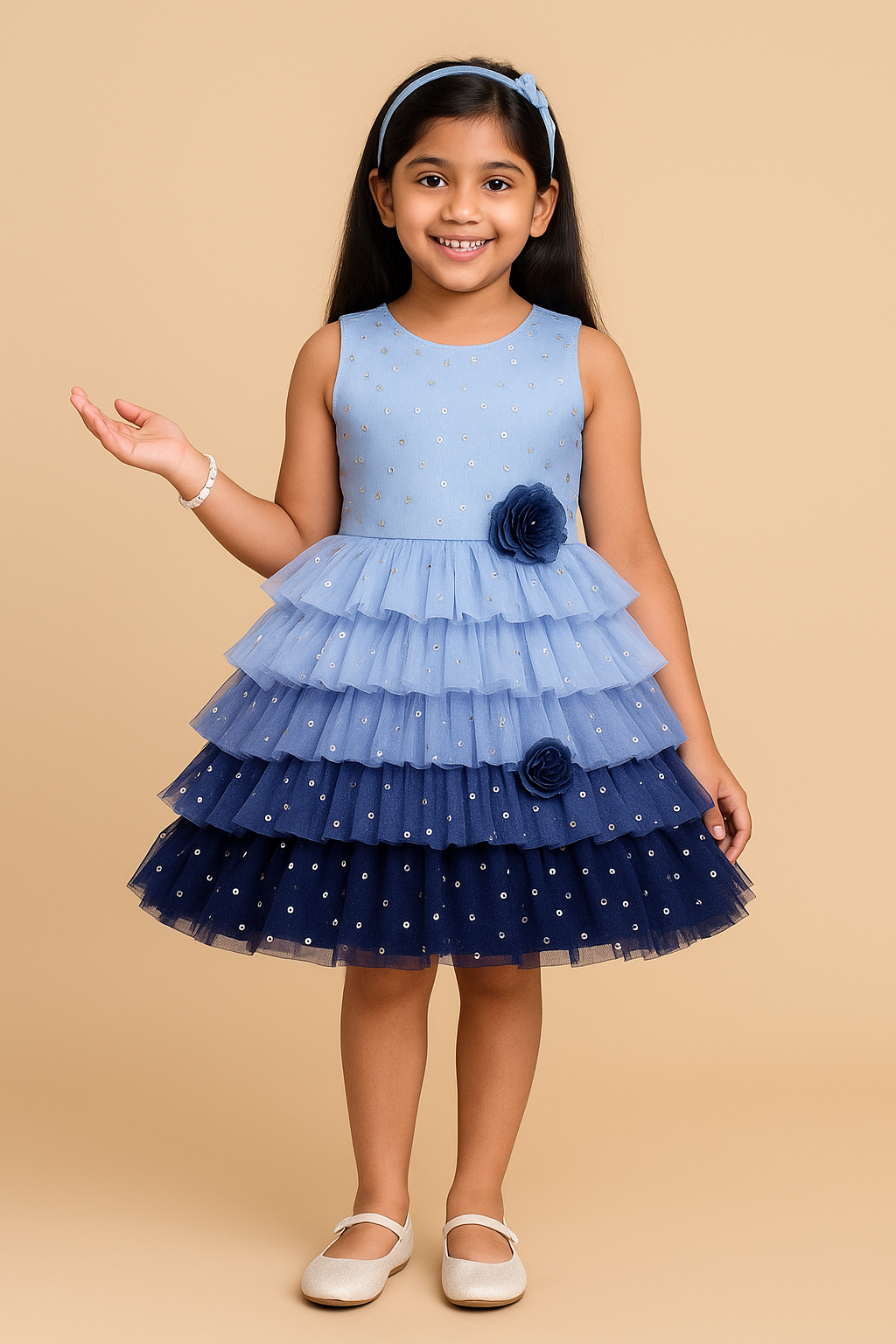 Navy Blue & Lavender Tiered Sequin Party Dress for Girls