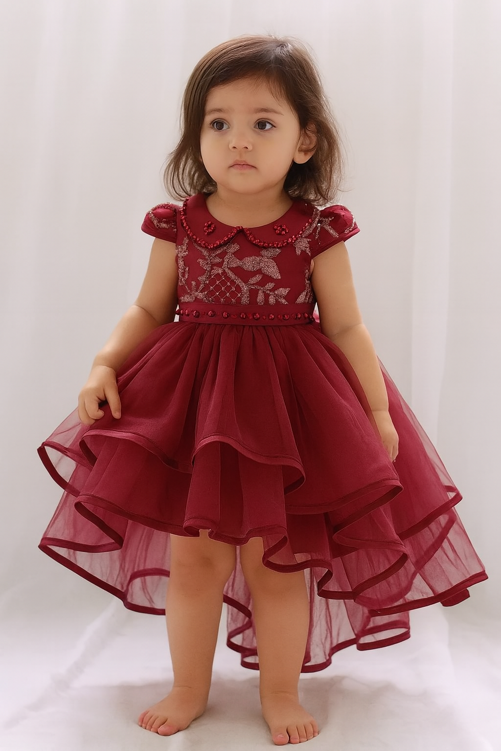 Maroon Layered Party Dress for Baby Girls – Elegant Embroidered Frock - Inayah Fashion