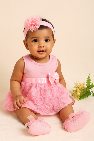 Baby Girl Pink Rosette Party Dress Set with Headband & Booties - Inayah Fashion