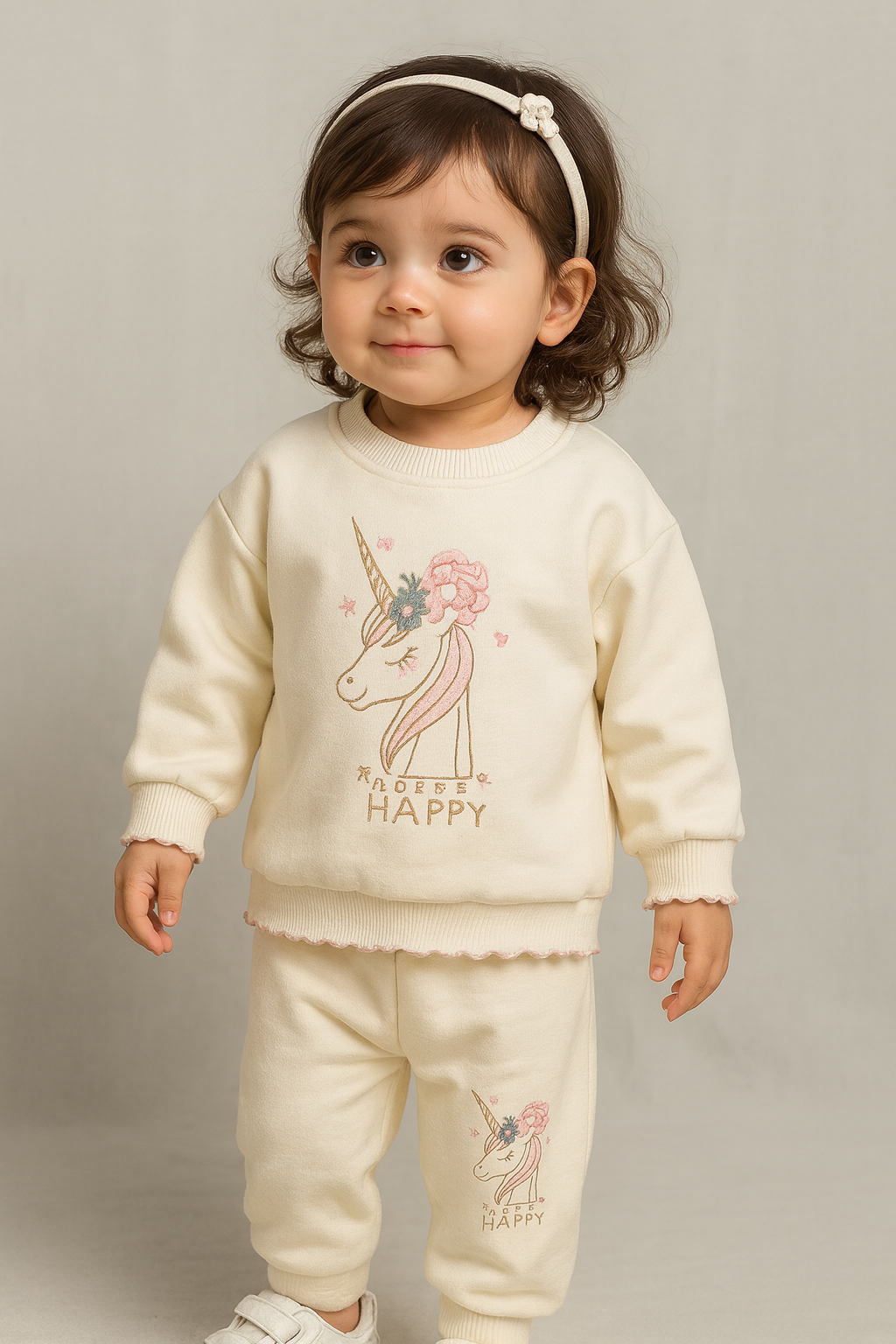 Cream Unicorn Printed Sweatshirt & Jogger Set for Girls - Inayah Fashion