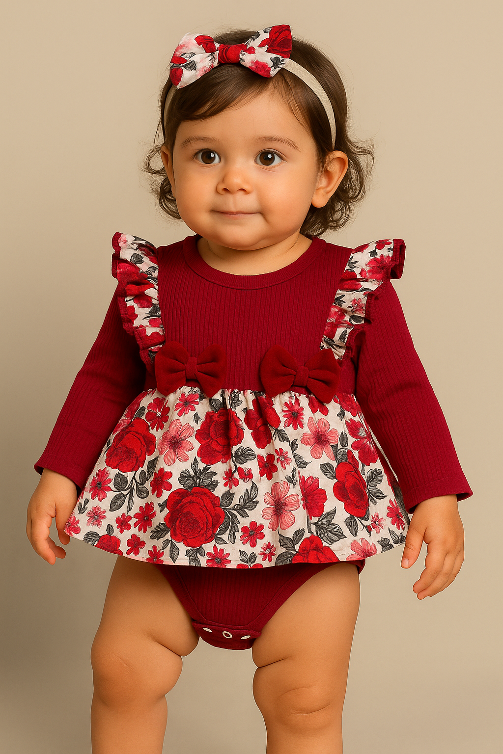 Red Floral Romper Dress with Matching Headband – Long Sleeve Baby Girl Outfit - Inayah Fashion