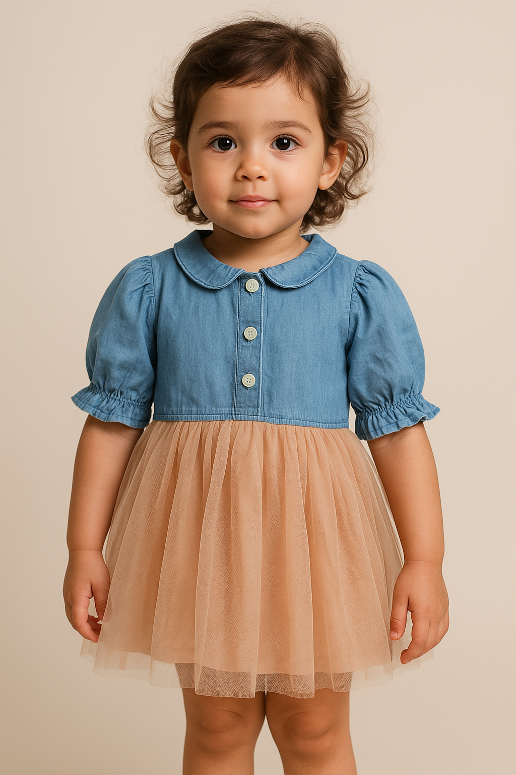 Girls Denim Top with Peach Tulle Skirt Dress – Button-Down Party & Casual Wear Outfit with Puff Sleeves and Peter Pan Collar - Inayah Fashion