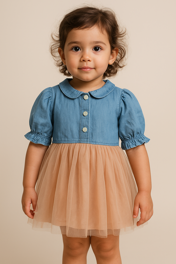 Girls Denim Top with Peach Tulle Skirt Dress – Button-Down Party & Casual Wear Outfit with Puff Sleeves and Peter Pan Collar - Inayah Fashion