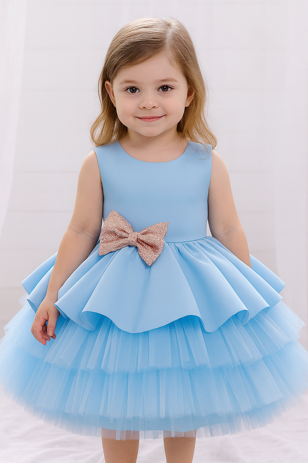 Acqua Blue Solid Applique Floral Sleeveless Bow  Party Dress - Inayah Fashion