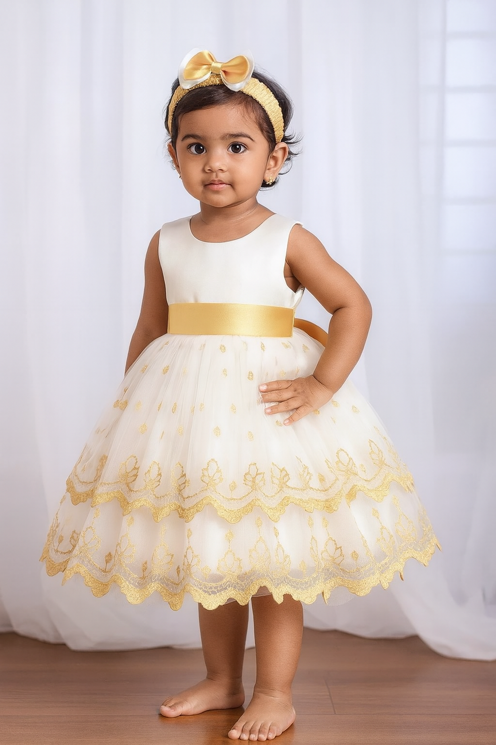 White & Yellow Baby Girl Party Dress with Headband – Elegant Embroidered Frock - Inayah Fashion