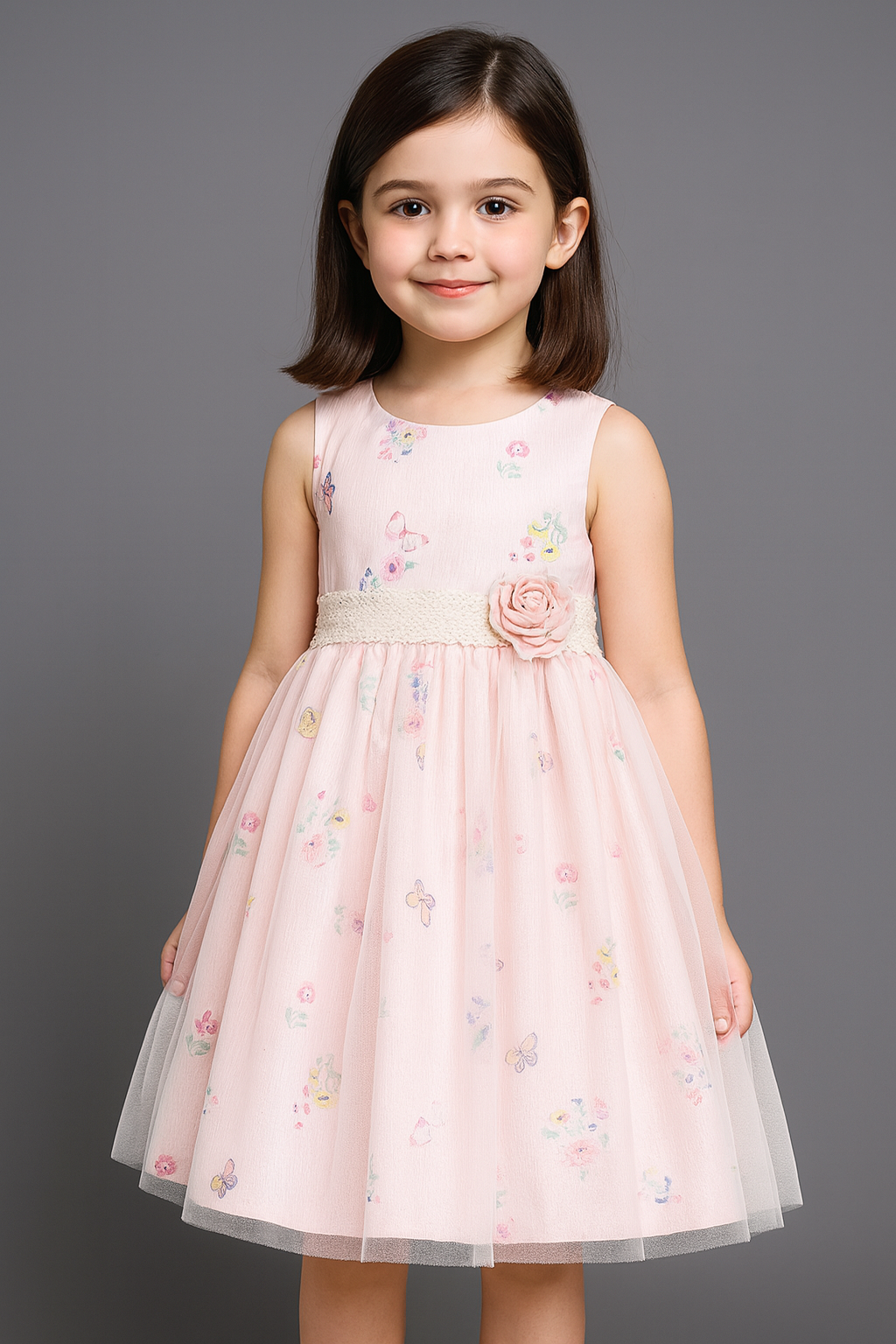 Sweet Pink Sleeveless Dress for Girls with Floral and Butterfly Print Net Overlay and Lace Waist - Inayah Fashion