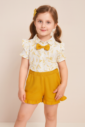 White and Mustard Wheat Print Baby Girl Summer Set - Inayah Fashion