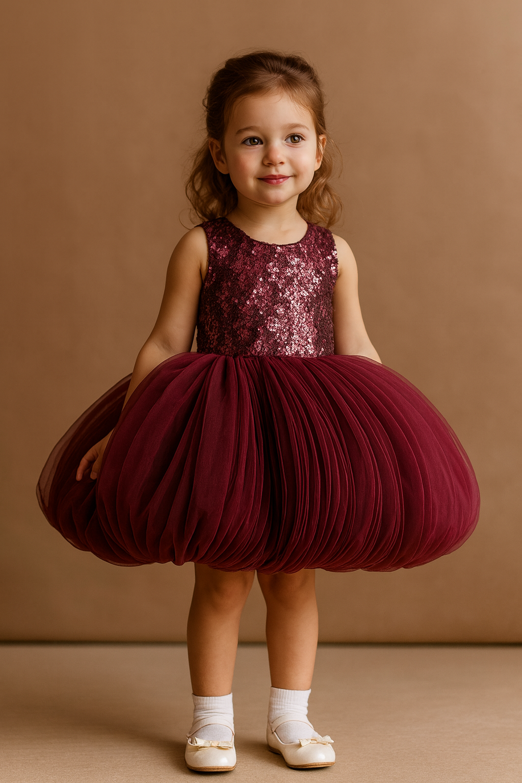 Elegant Maroon Designer Balloon Dress for Girls – Sequined Sleeveless Bodice Dress - Inayah Fashion