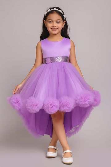 Lilac Puff Tulle Party Frock for Girls with Sequin Waist - Inayah Fashion