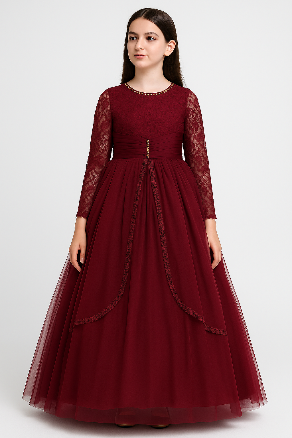 Maroon Full Sleeve Princess Gown for Girls - Inayah Fashion