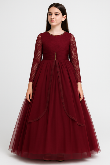Maroon Full Sleeve Princess Gown for Girls - Inayah Fashion