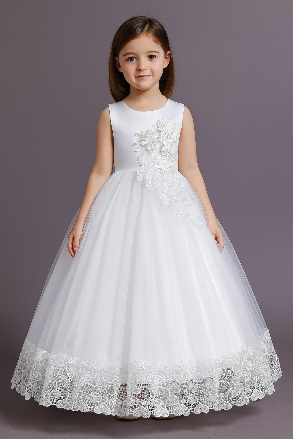 Royal White Princess Gown with Floral Appliqué and Scalloped Lace Hem