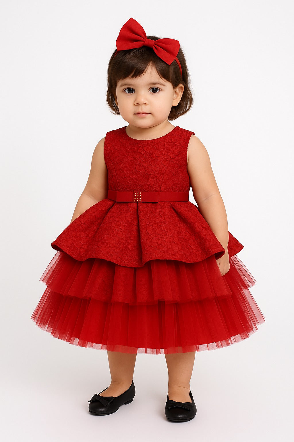 Elegant Red Layered Net & Lace Party Frock for Girls – Designer Birthday Wear