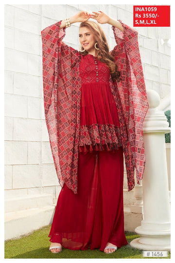 Premium Red Designer Cape Top with Palazzo Set